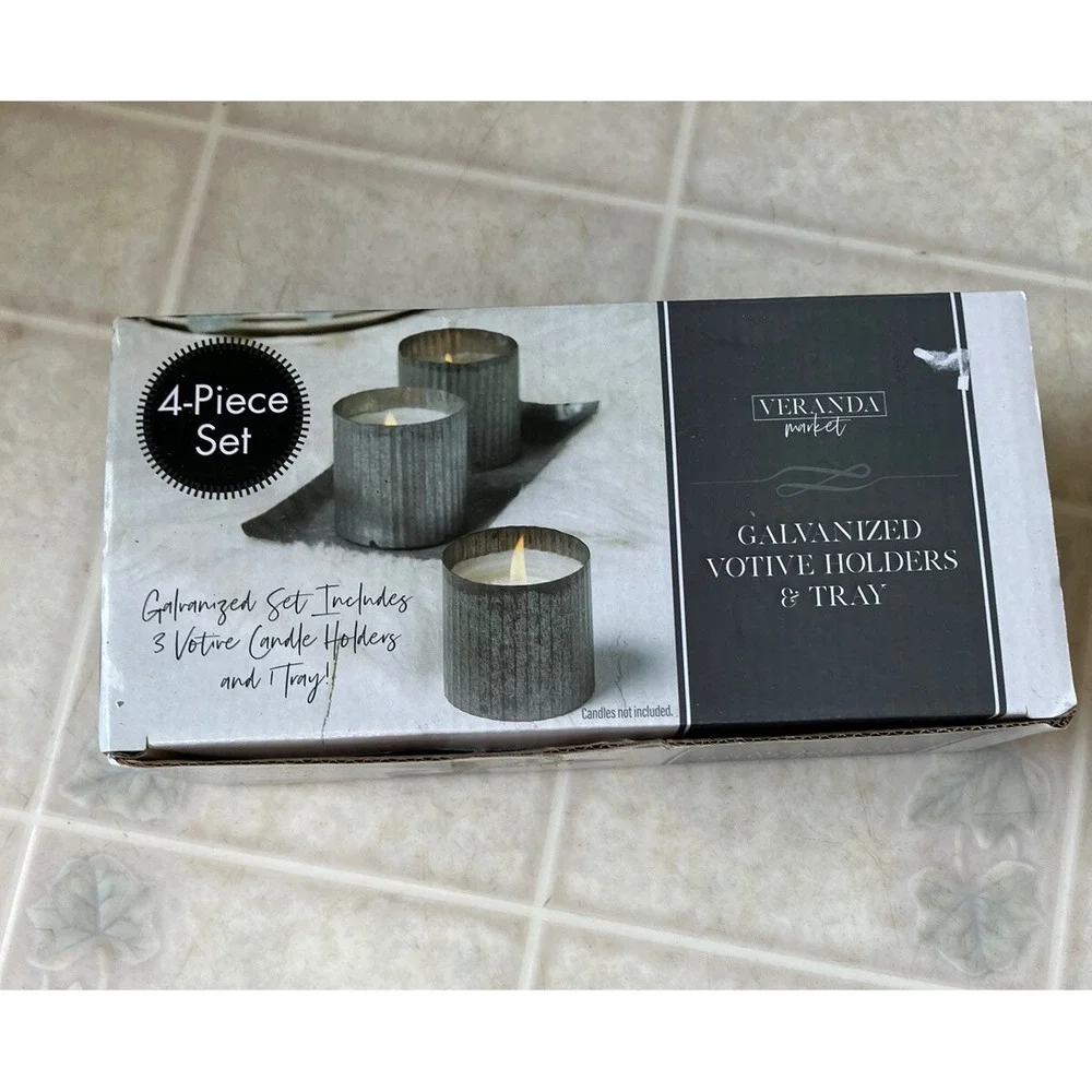 Veranda market Galvanized tray and 3 votive holders No Candles New In‎ box